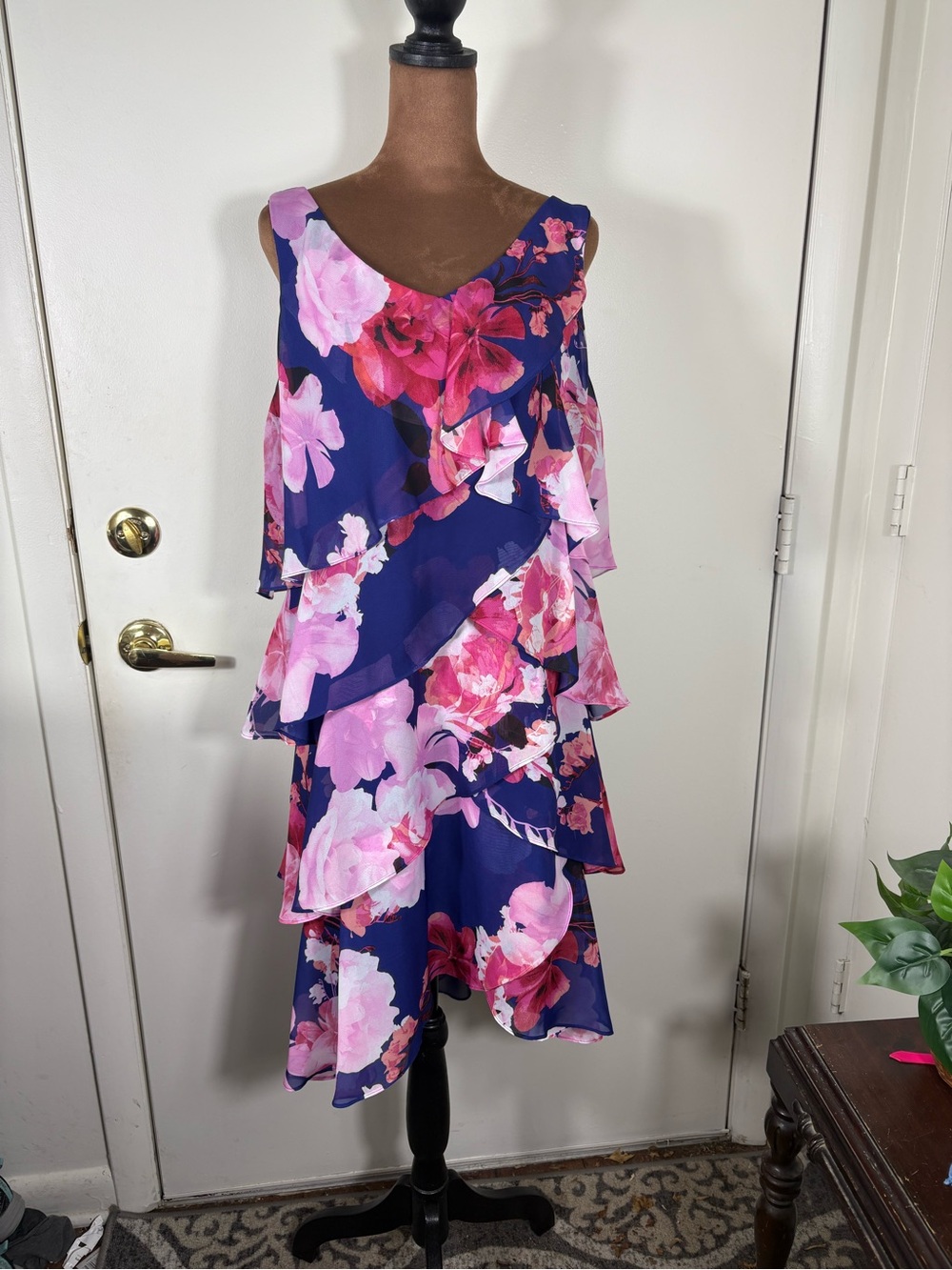 SLNY Women Vtg Sz 12 Floral Tiered V-Neck Ruffle Chiffon Cocktail Midi Dress - Picture 3 of 8